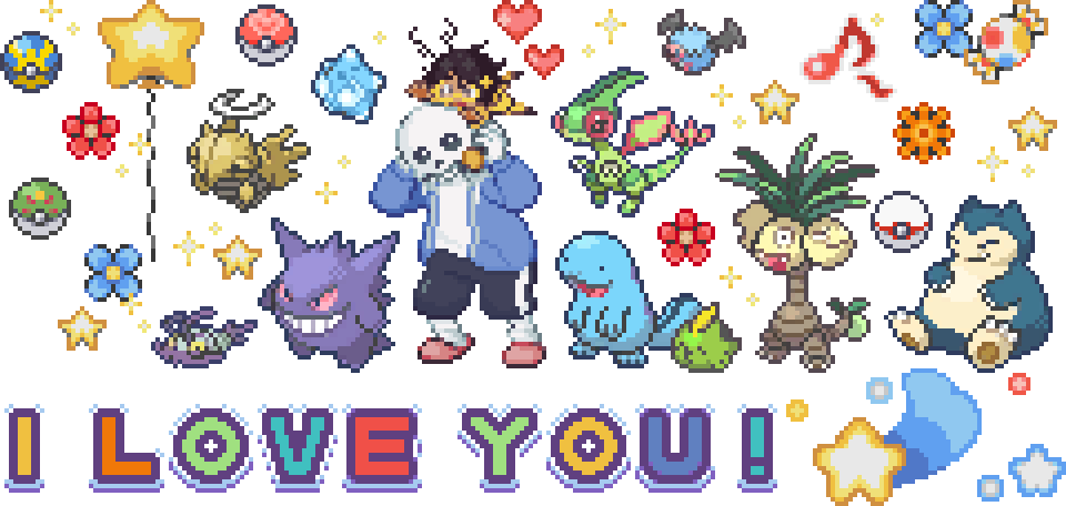 Sans, Goki, and their pokemon stand together in a cute collage